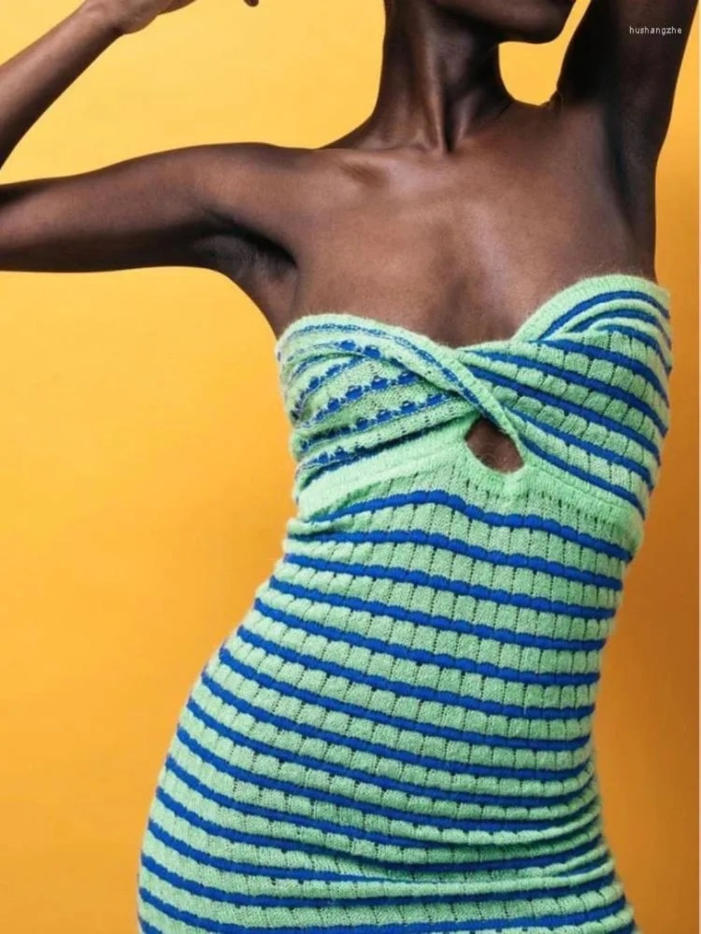Striped Knit Strapless Dress in Mint & Royal Blue